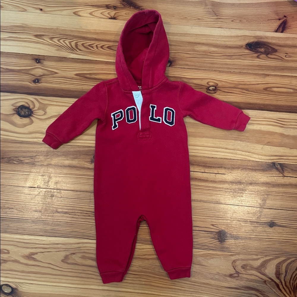 EUC Ralph Lauren Red Hooded Kids One Piece onsie 9 month
